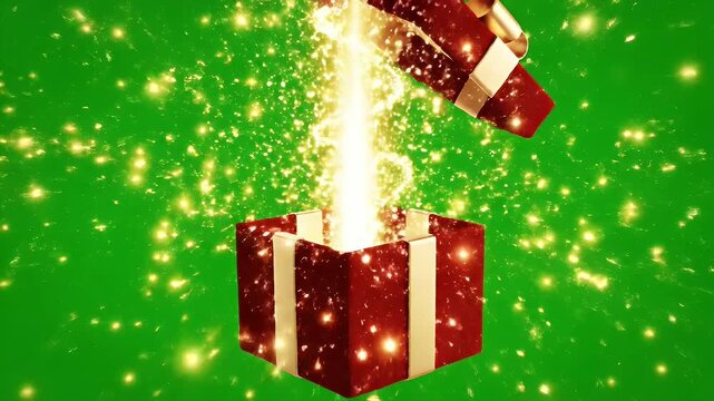 Magical Gift Box Explosion on Green Screen - A vibrant red gift box with a golden ribbon bursts open against a chroma key green screen, releasing a dazzling stream of golden light and sparkling