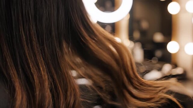 View of a woman's hair in salon, a ring light in background shines brightly
