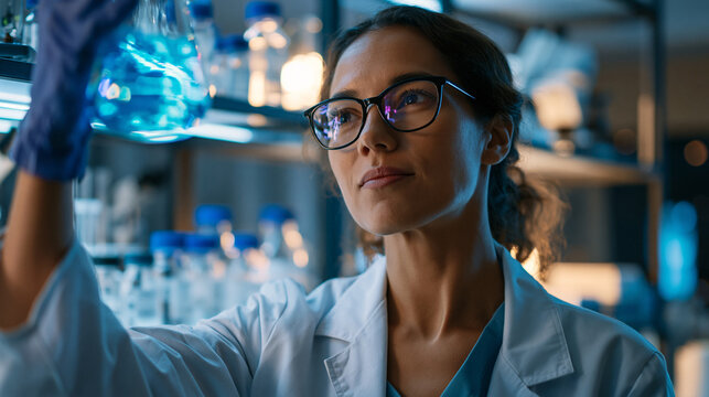 Scientist looking at transparent blue solution in a beaker under cool laboratory lighting, shelves of vials and instruments behind, thoughtful research mood, chemistry experiment, medical