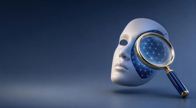 Cybersecurity deepfake detection with magnifying glass inspecting AI face mask analysis