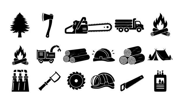 Black and White Lumberjack and Logging Industry Icon Set with Axe Chainsaw and Tree Symbols
