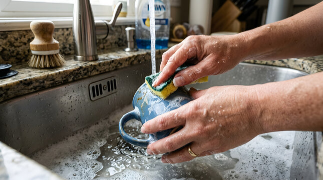 Close-up of hands washing a blue mug in a soapy kitchen sink with running water. Generated AI