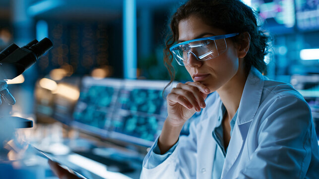 Young female scientist in a lab coat and goggles studying data charts in a dark blue-lit research laboratory, cinematic atmosphere, biotechnology analysis, medical innovation, laboratory
