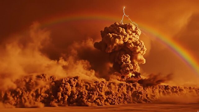 Massive Volcanic Ash Eruption with Lightning Strikes and Rainbow