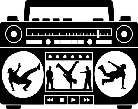 Retro Boombox Silhouette with Breakdance Concept, Creative Hip Hop Culture and Street Dance Logo Vector Design, Old School Radio Ghetto Blaster Black and White Emblem
