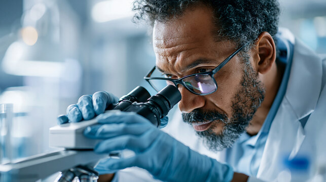 Male scientist in lab coat and blue gloves looking through a microscope in a spotless clinical research room, focused expression, white and blue color palette, medical scientist,