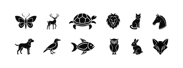 Obraz premium Wildlife animal silhouette icons: creatures from forest, field, sky, and water habitats. Butterfly, stag, turtle, lion, cat, horse, dog, crow, fish, owl, rabbit, and fox symbols.