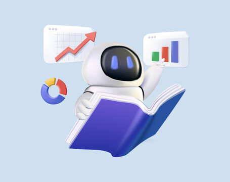 AI chat robot reading and analyzing book 3D vector illustration. Artificial Intelligence as smart assistant for student to summarize and conclusion of the study book. Machine learning, Education tech