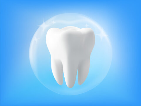 White tooth with protective barrier and molecules. Dental care concept. Enamel protection, whitening and oral hygiene