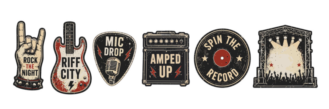 Set of grunge rock music graphic elements: hand horns, guitar, mic, amp, record, concert stage, festival vibe, retro style icons