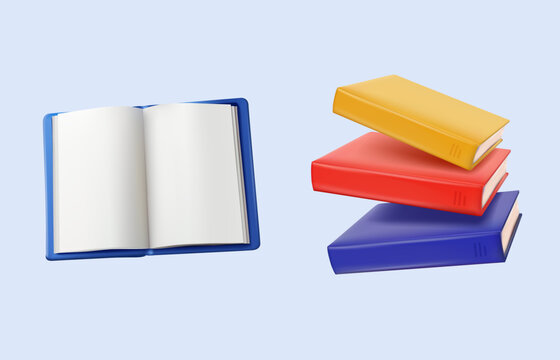 Book icons 3D set. Stacks of colorful books, open textbooks for reading and flying books. Love of literature. Education