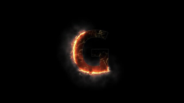 Letter G is on fire with alpha channel, fire letters and alphabet with transparent background, the letter is burning