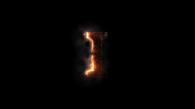 Letter I is on fire with alpha channel, fire letters and alphabet with transparent background, the letter is burning