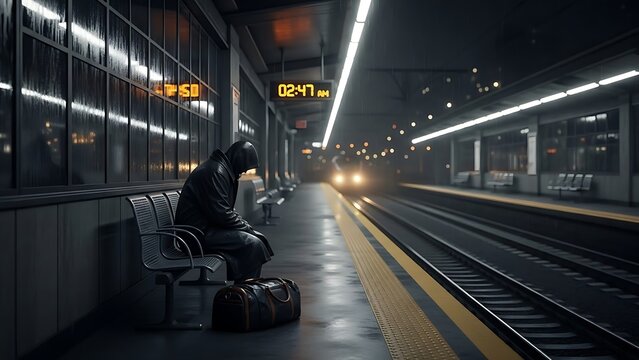 Modern city train station platform at night with motion blur.