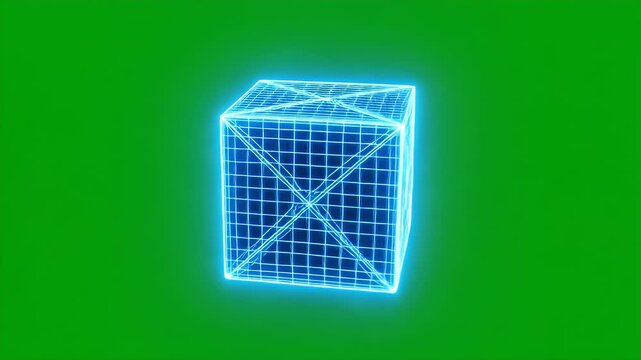 Floating Neon Wireframe Cube on Green Screen - This video showcases a glowing neon cube with a wireframe design, prominently displayed against a vibrant chroma key green background.