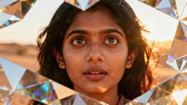 Surreal young Indian woman looking through prism glass reflection in unique golden hour close up portrait.