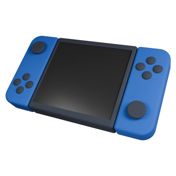 Blue handheld gaming console with a black screen and buttons.