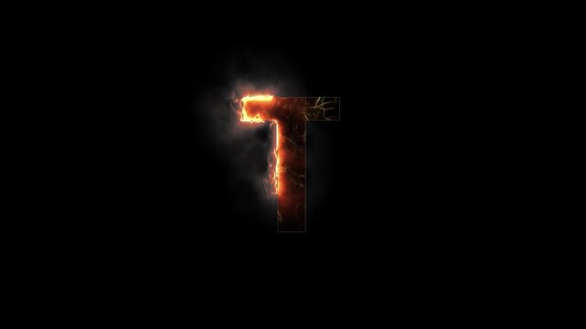 Letter T is on fire with alpha channel, fire letters and alphabet with transparent background, the letter is burning