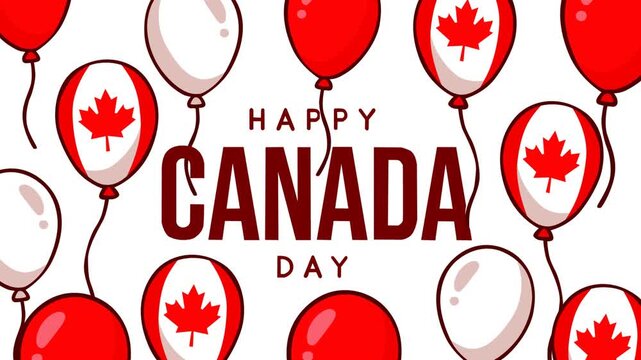 Festive Canada Day background featuring red and white balloons decorated with maple leaves and bold holiday typography. Perfect for national celebrations, greetings, events, promotions, and patriotic 