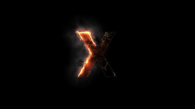 Letter X is on fire with alpha channel, fire letters and alphabet with transparent background, the letter is burning