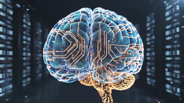 Artificial intelligence digital brain with glowing circuit board patterns, neural network and machine learning concept, futuristic data center background