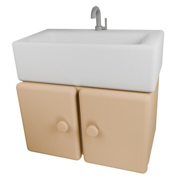 Modern white bathroom sink with wooden cabinet and chrome faucet.