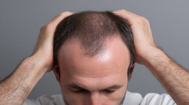 Concerned male experience hair thinning and hair loss, hands on head, focus on receding hairline and baldness, men's aesthetic issue