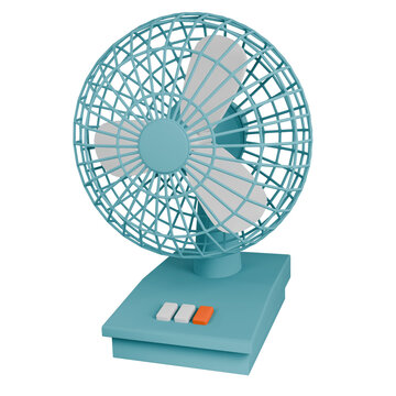 Retro blue desk fan with white blades and buttons.