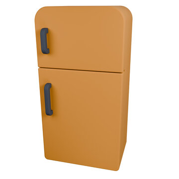 Retro orange refrigerator with dark handles isolated on green background.