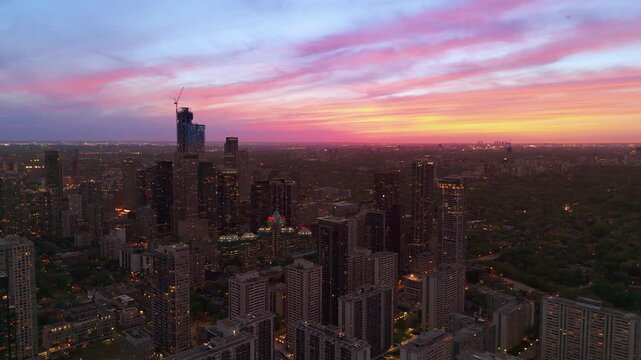 Toronto Bloor Sherbourne Skyline Dramatic Dusk Summer Aerial Drone 4K