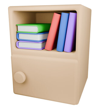 Small beige cabinet with colorful books on shelf.