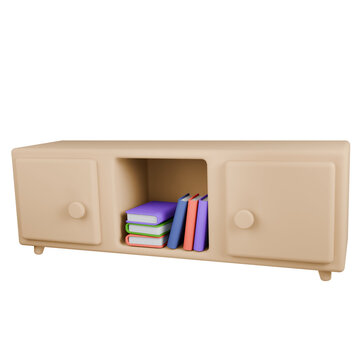 Small wooden cabinet with books on a green background.