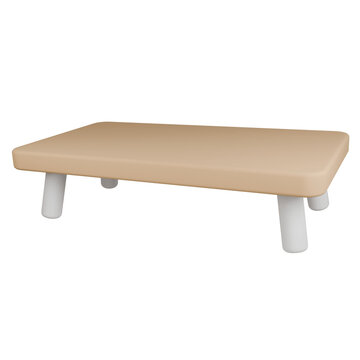 Small beige portable table with white legs on a green background.