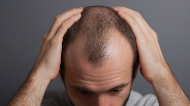 Concerned man with visible hair loss and receding hairline, hands on head, concept of baldness, hair care, health, and male pattern baldness