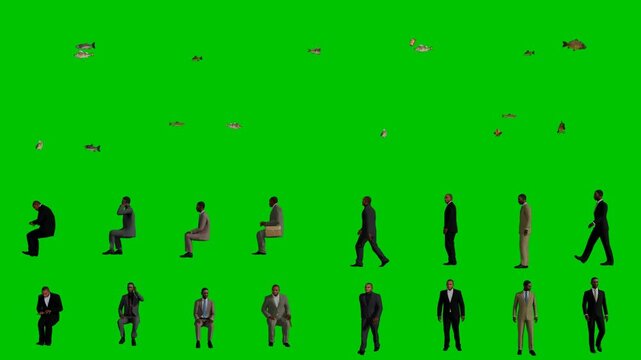 3D animated cartoon animation of diverse people walking sitting moving on bright green screen chromakey background. Perfect for motion graphics visual effects compositing video production alpha channe
