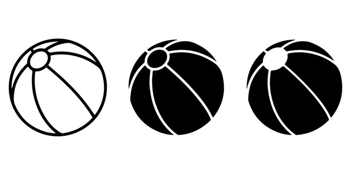 Beach ball silhouette and outline icon collection with black and white inflatable summer toy variations isolated on gray background in minimal vector style