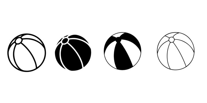 Beach ball silhouette and outline icon collection with black and white inflatable summer toy variations isolated on gray background in minimal vector style