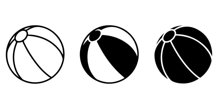 Beach ball silhouette and outline icon collection with black and white inflatable summer toy variations isolated on gray background in minimal vector style