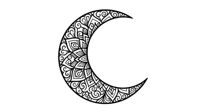 Black and white crescent moon with zentangle patterns