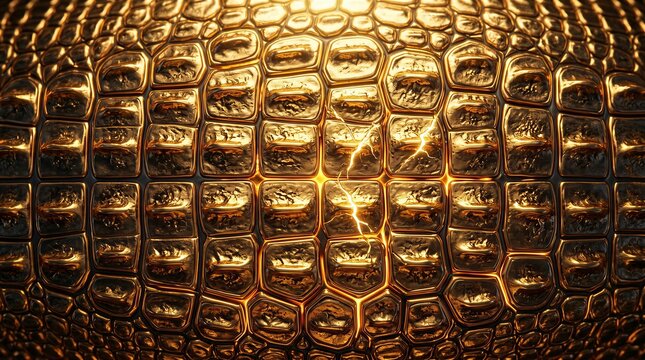 Luxury Gold Chrome Crocodile Scale Macro Metallic Glow Dark Background