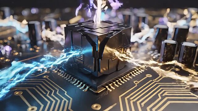 Futuristic quantum processor on motherboard, glowing energy pulses on computer chip, advanced artificial intelligence hardware with blue and gold light
