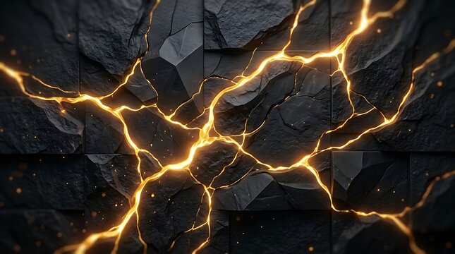 Glowing golden cracks on dark textured stone background with sparkling particles