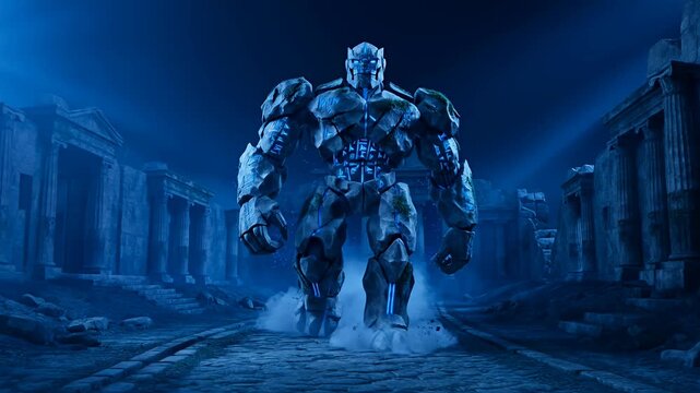 Cinematic Fantasy Stone Golem with Glowing Energy in Ancient Ruined Temple