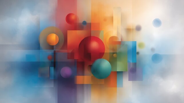 Colorful abstract composition featuring various geometric shapes and spheres blending harmoniously, creating a visually appealing design that stimulates creativity and imagination,