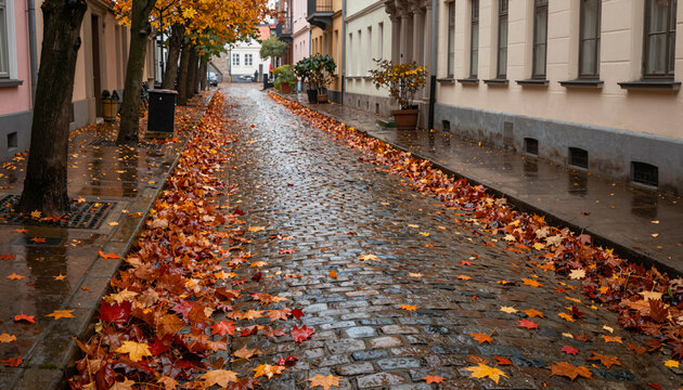 Kopfsteinpflasterstra&szlig;e im Herbst mit buntem Laub am Rand