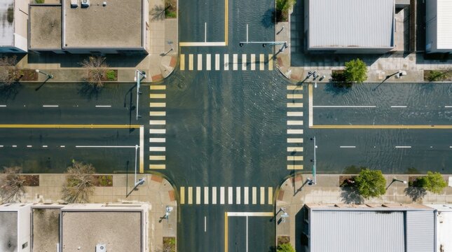 Aerial View of a City Intersection with Crosswalks and Buildings.