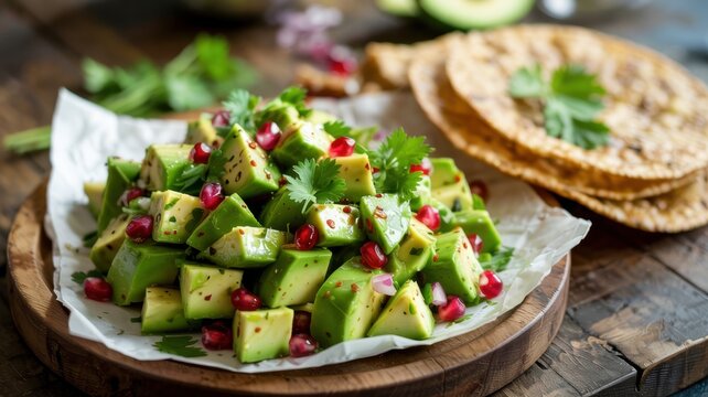 The dish of Indian cuisine is Avocado and Pomegranate Salad (Avocado Pomegranate Salad / Kachumber variation), served with traditional crispy tortillas.