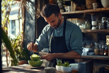 Fototapeta premium A focused young Caucasian man prepares a fresh dish in a cozy, rustic kitchen with natural light.