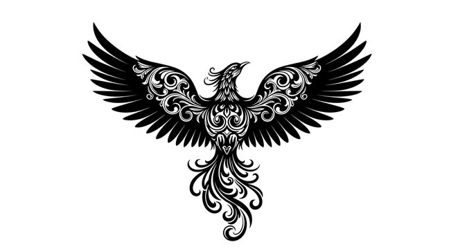 Black phoenix bird with ornate tattoo design