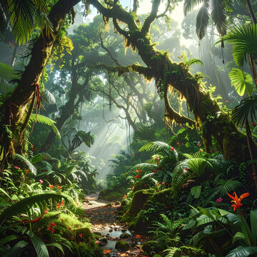 Sunlight Piercing Dense Jungle Canopy